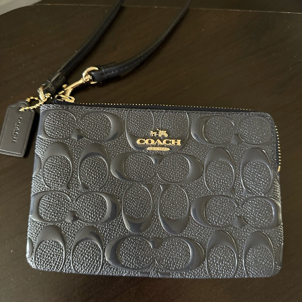 Coach Navy Embossed Leather Wristlet - Picture 2 of 7